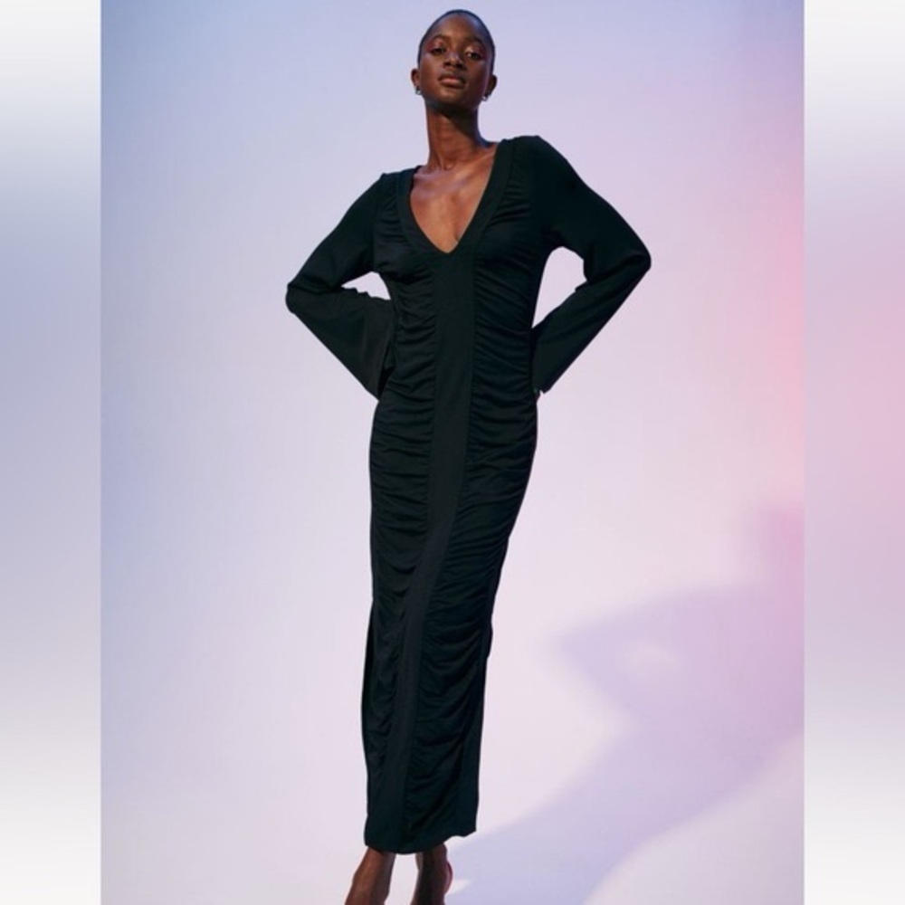 H&M Black Gathered Midi Dress